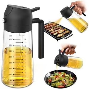TrendPlain 16oz/470ml Glass Olive Oil Sprayer for Cooking – 2 in 1 Olive Oil Dispenser Bottle for Kitchen Gadgets and Air Fryer Accessories, Salad, BBQ - Black