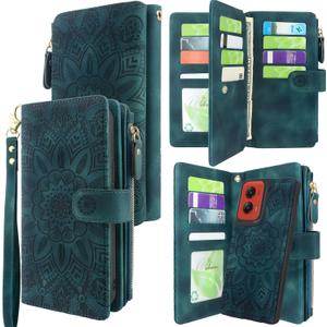Harryshell Detachable Wallet Leather Case Compatible with Motorola Moto G Stylus 5G 2024 Magnetic Phone Case Zipper with Cash Coin Pocket Multi Card Slots Holder Wrist Strap (Flower Teal)