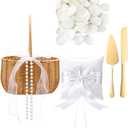 4 Pack Wicker Flower Girl Basket with Ring Bearer Pillow, 300 Pcs Silk Petals and Gold Cake Cuttings Flower Basket with Pearl and Bow Wedding Essentials Bundle Set for Ceremony Bridal Shower