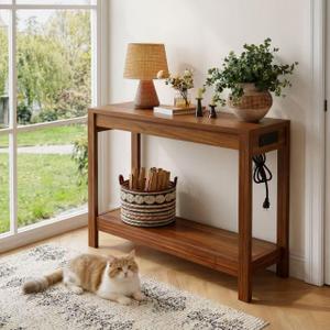 47" Entryway Table, Narrow Console Sofa Table, with Outlets and USB-C Port, Entryway Table with Open Storage, for Living Room, Hallway, Entryway, Foyer, Kitchen Counter, Walnut, 13.8"D×47"W×31"H