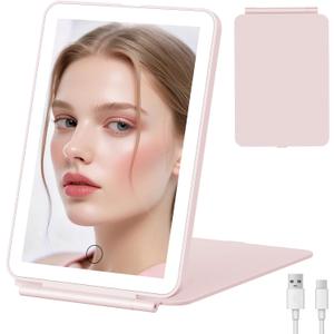 FUNTOUCH Rechargeable Travel Makeup Mirror with Light, 2000mAh Portable Makeup Mirror with 3-Color Lighting, Dimmable Touch Screen, Tabletop LED Folding Cosmetic Compact Vanity Mirror