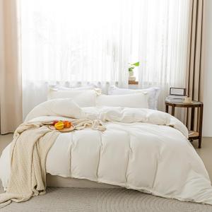 SheRest Beige Duvet Cover Queen Size - Soft Brushed Microfiber, 3 Pieces, 1 Duvet Cover 90x90 Inches with Zipper Closure 8 Ties & 2 Pillow Shams, Breathable Bedding Set for All Season (No Comforter)