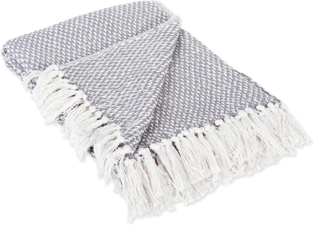 DII 100% Cotton Basket Weave Throw for Indoor/Outdoor Use Camping Bbq's Beaches Everyday Blanket, 50 x 60, Woven Stripe, Gray