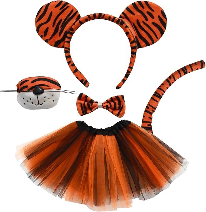 Heliltd 5 Pieces Kids Girls Tiger Costume Set Ear Headband Tail Nose Bow Tie Tutu Skirt for Halloween Cosplay Party