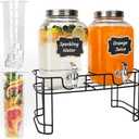 Waymind 1 Gallon Glass Drink Dispensers, 2 Pack Clear Beverage Dispenser with Stand and Spigot for Parties, Drink Dispenser with Ice Core and Sticker for BBQ, Picnic, Lemonade Dispenser