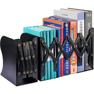 2PCS Adjustable Bookends, Metal Book Ends for Heavy Book, 2 Dividers, Nonslip Book Stander for Desk, Shelf, Office, Stationery Gift, Extends up to 19 inches (Black)