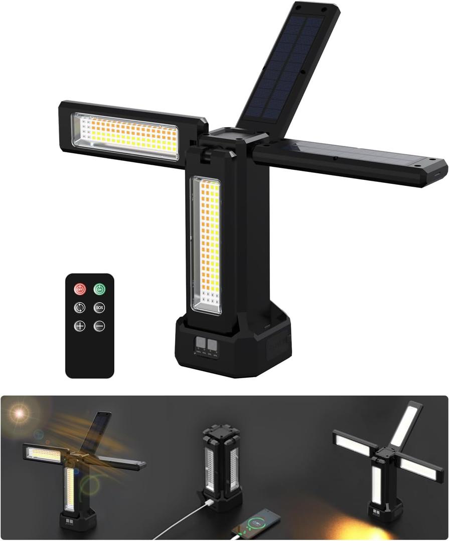 13200mAh Rechargeable Solar Work Light with Folding Stand and Carrying Bag, AODOO 8000 Lumen Stepless Dimmable , White/Warm/Nature White/RED(SOS) with Detachable Tripod (Black(No Tripod))