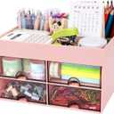 Desk Organizer, Office Organizer with Drawer, Desk Accessories & Workspace Organizers, Pen Holder Office Supplies for Desk (4 Drawers+4 Compartments, Pink)