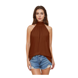 Womens Summer Sleeveless Mock Neck Halter Tank Tops Tie Back Pleated Casual Keyhole Cami Blouse, Size XS
