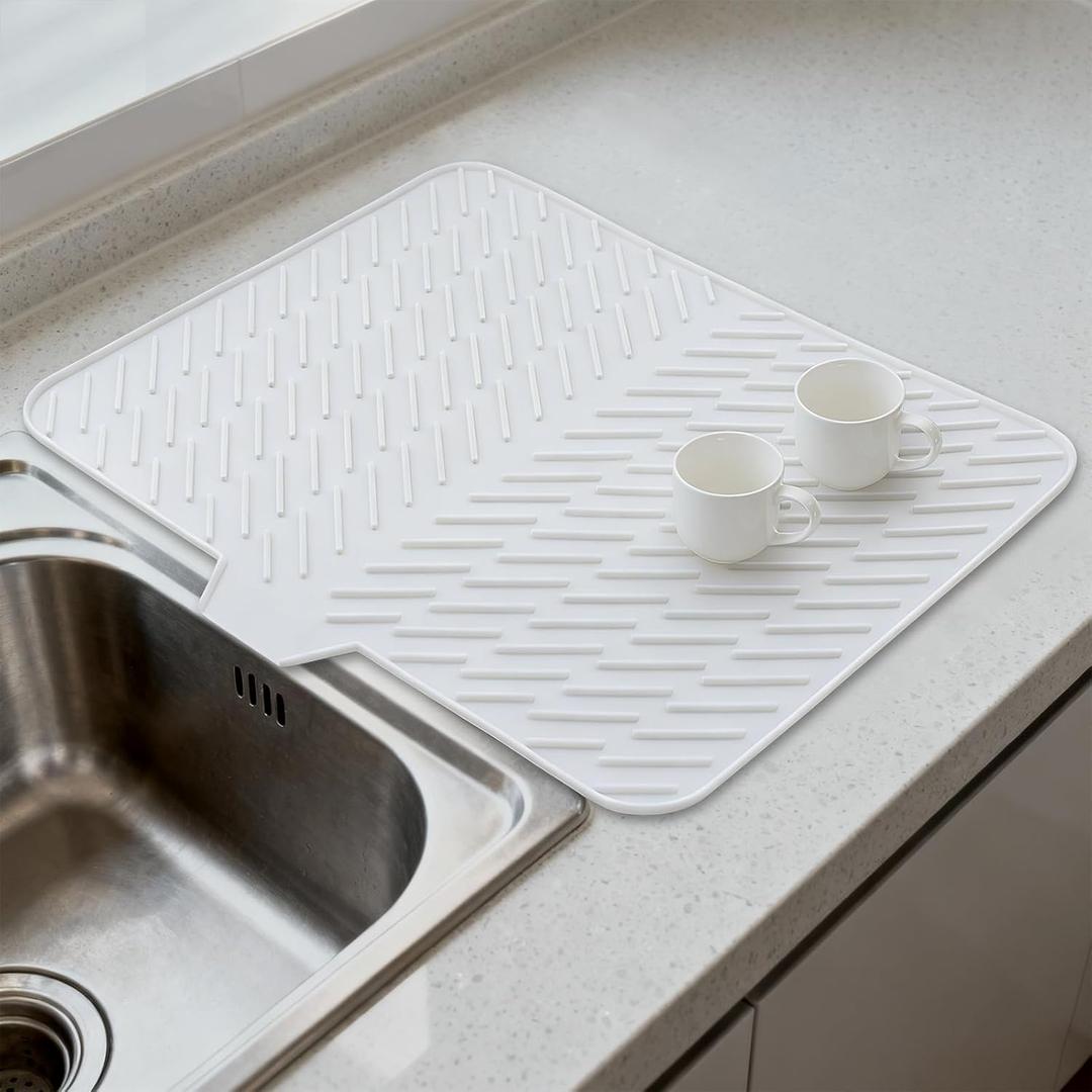 Silicone Drying Mat, 23"X17" With Built-in Drain Lip,Heat-Resistant,Eco-friendly,Hygienic Drying Pad,Leak-Proof and Non-Slip,Silicone Dish Drying Mat for Kitchen Counter or SinkWhite 23X17