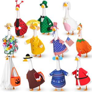 11 Set Holiday Porch Goose Outfits All Seasons Goose Clothes Umbrella Easter Statue Costume for Patio Lawn Outdoor