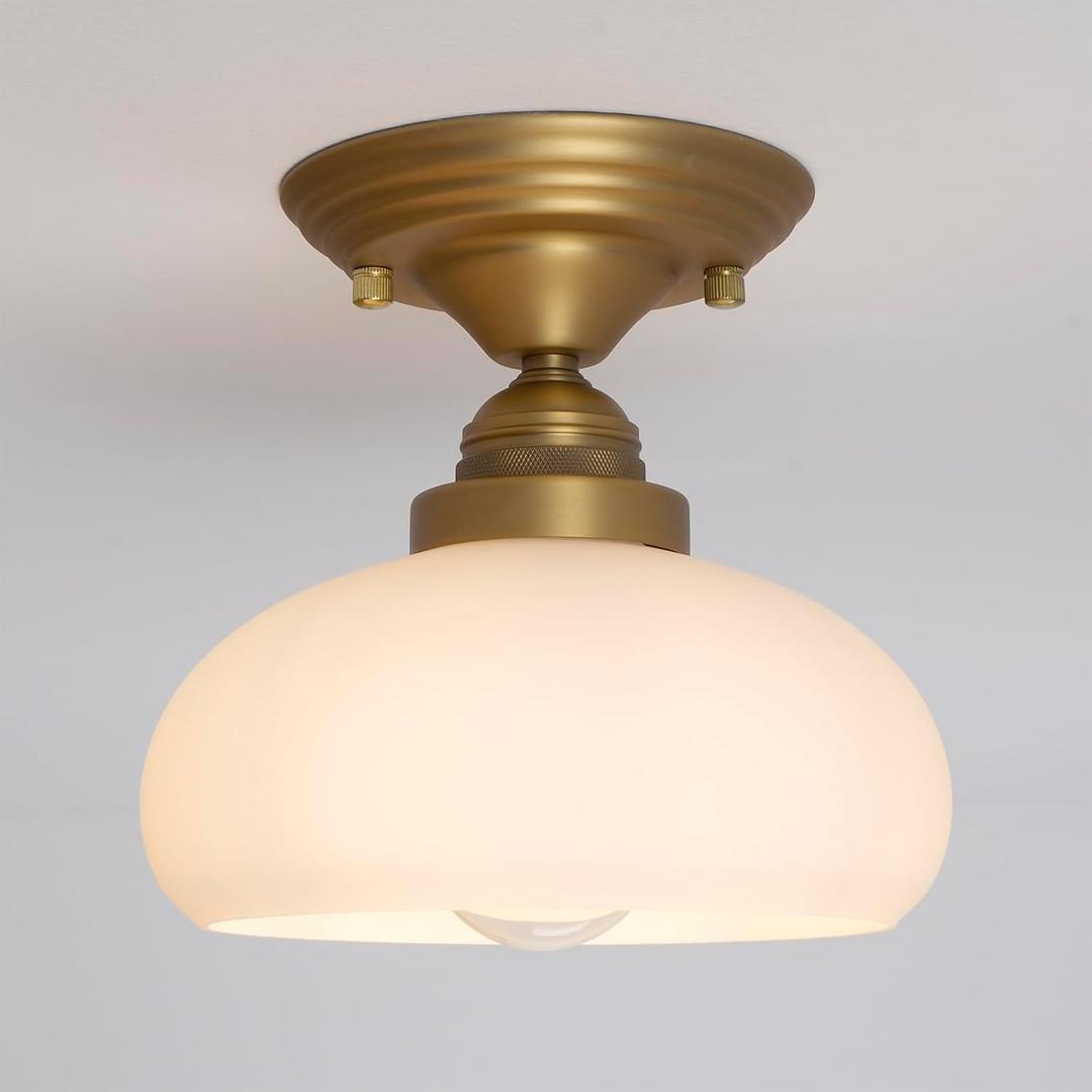 Industrial Close to Ceiling Light Fixture with Milk White Glass Lampshade, Vintage Glass Flush Mount Ceiling Light for Bedroom Hallway Entryway Stairwell (Antique)