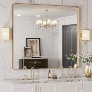 LOAAO 40X36 Gold Bathroom Mirror, Rounded Rectangle Gold Frame Mirror, Brushed Gold Bathroom Vanity Mirror Wall-Mounted, Anti-Rust, Tempered Glass, Hangs Horizontally or Vertically