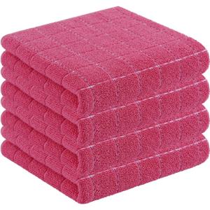 Homaxy 100% Cotton Terry Kitchen Towels(Rose Red, 13 x 28 inches), Checkered Designed, Soft and Super Absorbent Dish Towels, 4 Pack