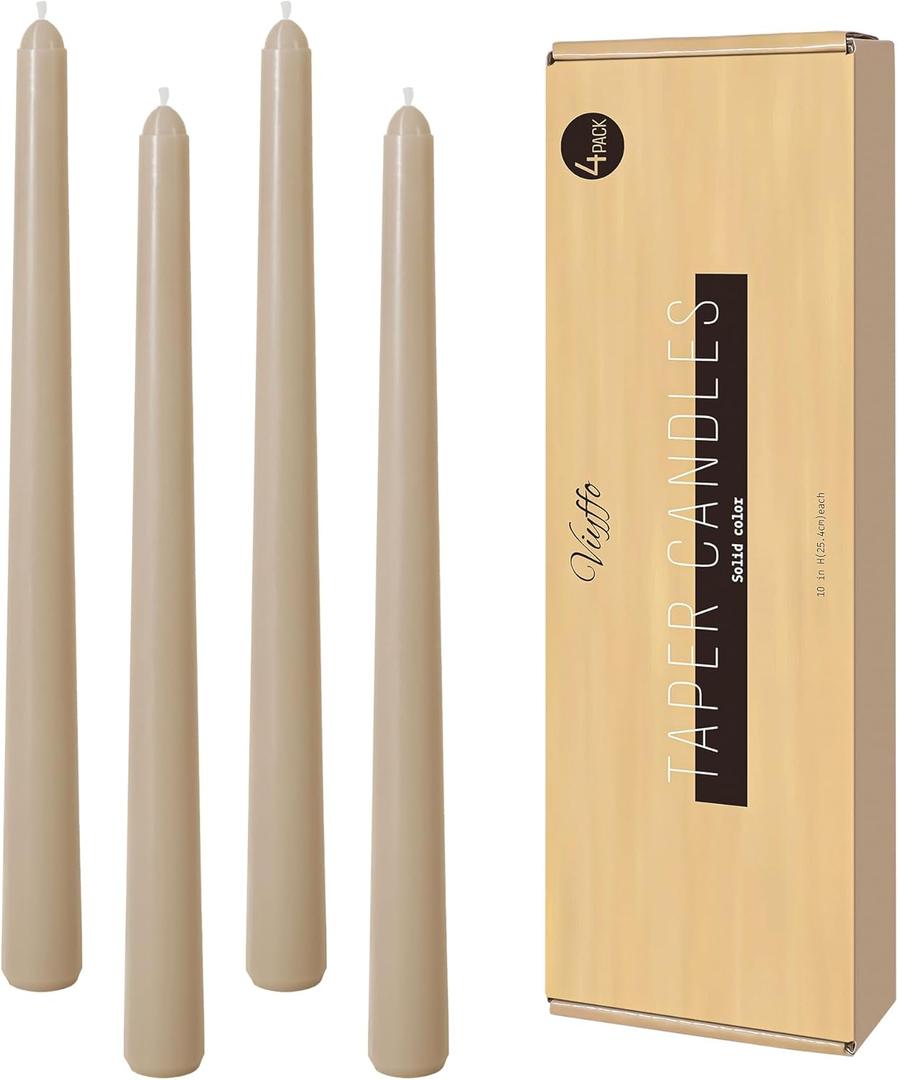 Viyffo Taper Candles, 10 Inch, 4 Pack, Nougat Brown  Unscented, Dripless & Smokeless Design, Up to 8 Hour Burn  Long Tall Taper Candlesticks for Wedding, Dinner & Home Decor