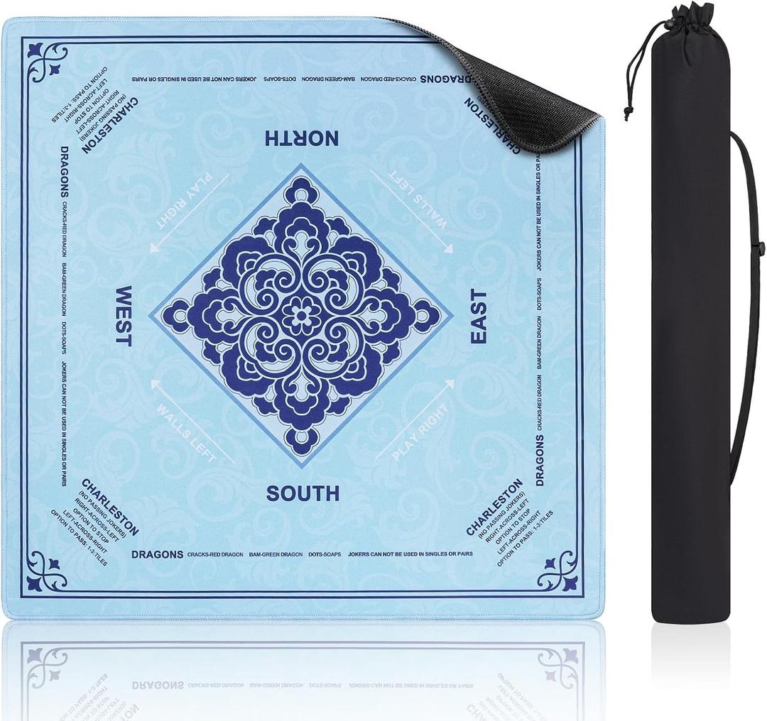 Mahjong Mat with Rule, 32.5" x 32.5" Waterproof Soft Surface Game Mat, Easy Clean Non-Slip & Noise-Reduce Mah Jong Table Mat with Carry Bag, Rolled Packaging for American Mahjong, Poker, Game