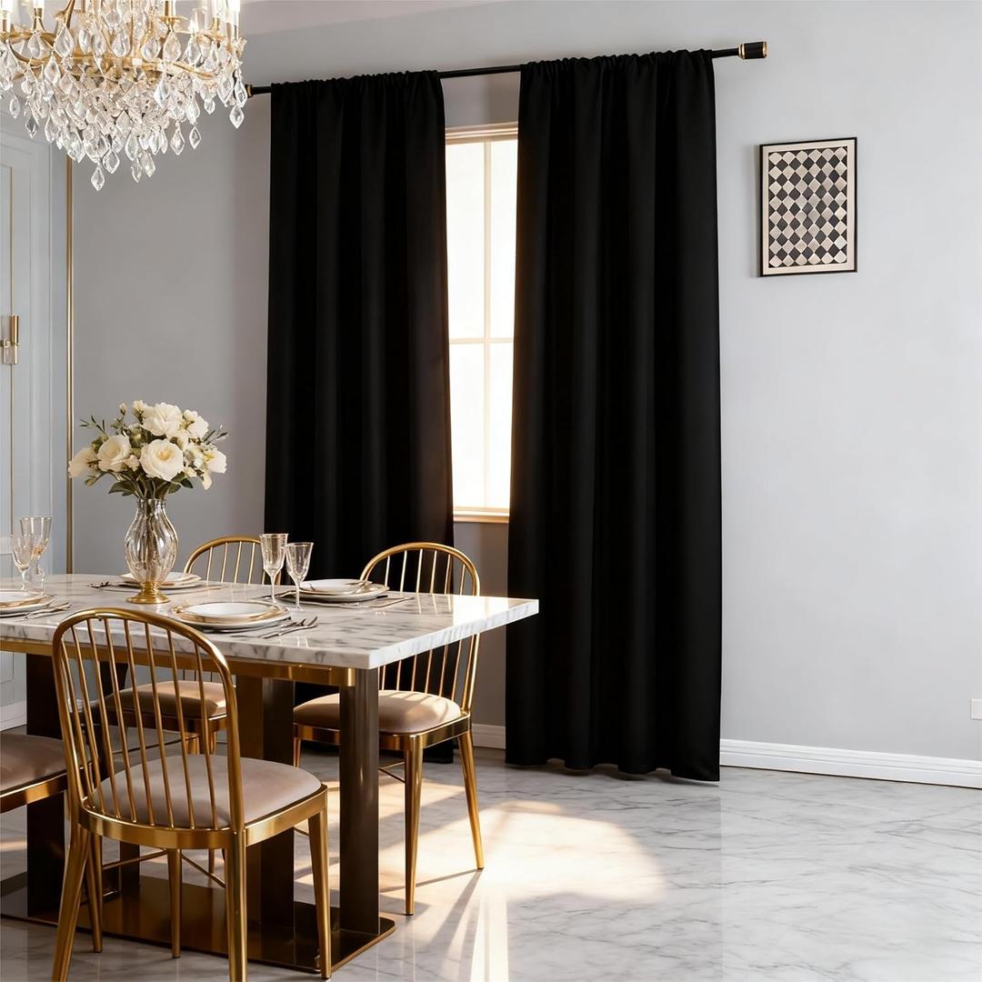 Black Blackout Curtains 90 Inch Length 2 Panels Set, Black Out Curtains for Bedroom 90 Inch Long, Rod Pocket Energy Saving Room Darkening Drapes for Living Room Window (W52 x L90)