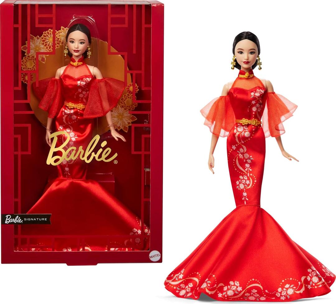 Barbie Lunar New Year Doll Wearing Qipao Dress with Plum Blossom Prints & Golden Accessories, Signature Collection