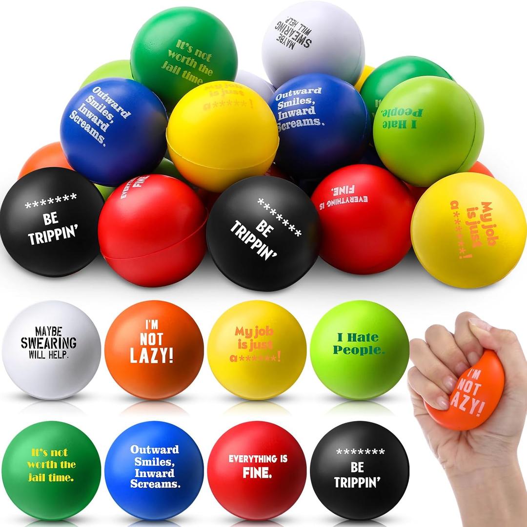 Blulu 24 Pcs Funny Stress Balls Bulk 2.48 Inch Stress Relief Balls Assortment with Funny Quotes Colorful Relief Anxiety Squeeze Gag Gifts for Coworker Office