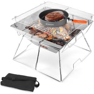 Odoland Folding Campfire Grill, 304 Stainless Steel Grate Barbeque Grill, Portable Camping Grill with Legs for Picnics, Backpacking, Outdoor with Carrying Bag and Kitchen Tongs