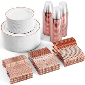 FOCUSLINE 600 Ct Rose Gold Dinnerware Set for 100 Guests - Rose Gold Rimmed White Disposable Plastic Plates, Includes 100 Dinner & Salad Plates, Cups, Cutlery Set for Wedding Parties