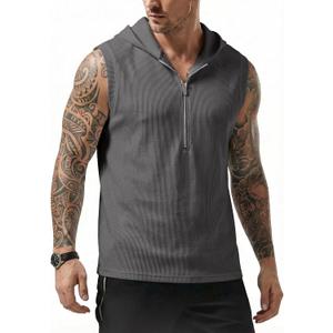 JMIERR Men's Quarter Zip Sleeveless Hoodie Ribbed Muscle Tank Top Gym Workout Vest (Gray, L)