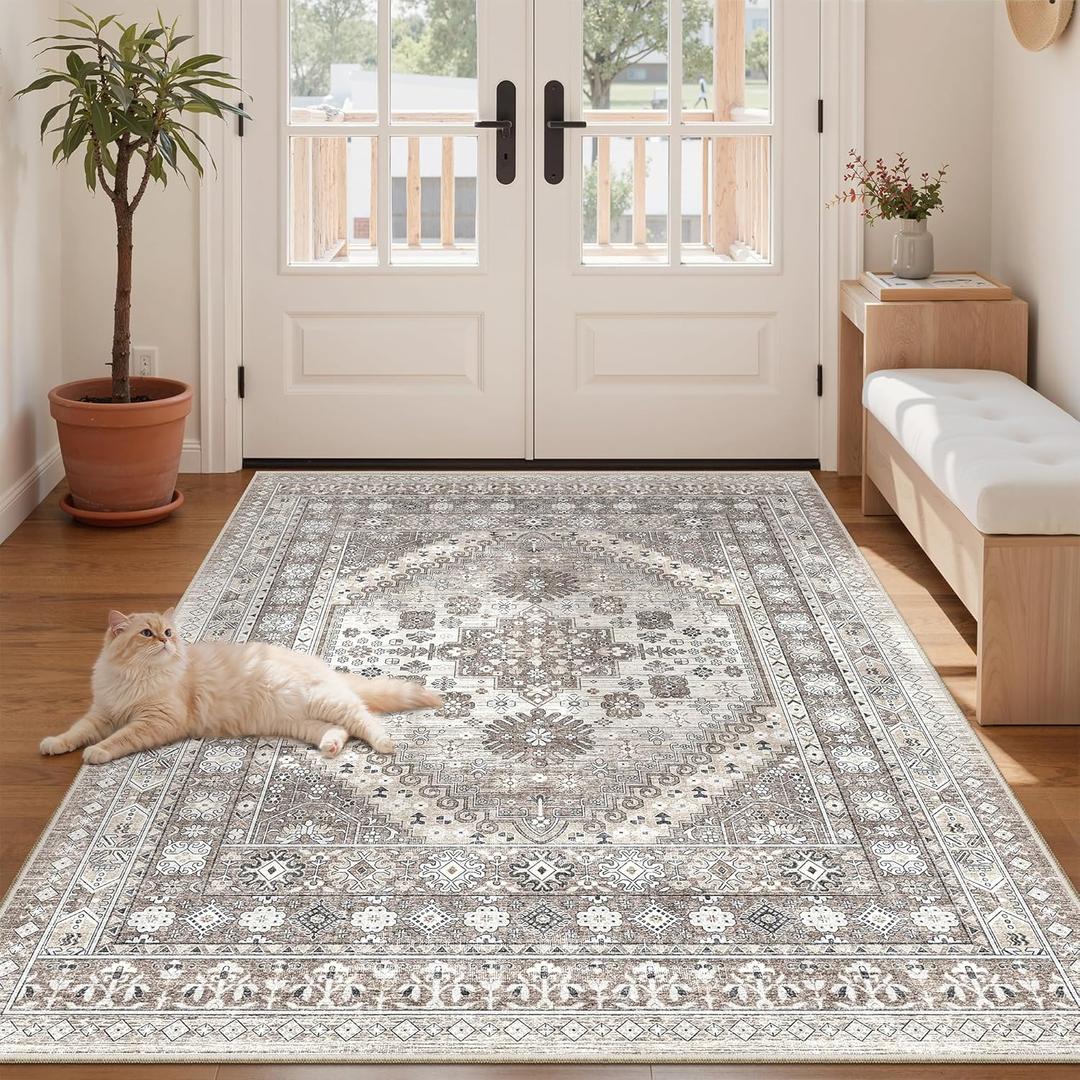 zesthome 3x5 Area Rug Ultra Soft Washable Rug, Non Slip Area Rug Indoor Entrance, Stain Resistant Rugs for Living Room Bedroom Vintage Home Decor (Brown/Beige,3'x5')