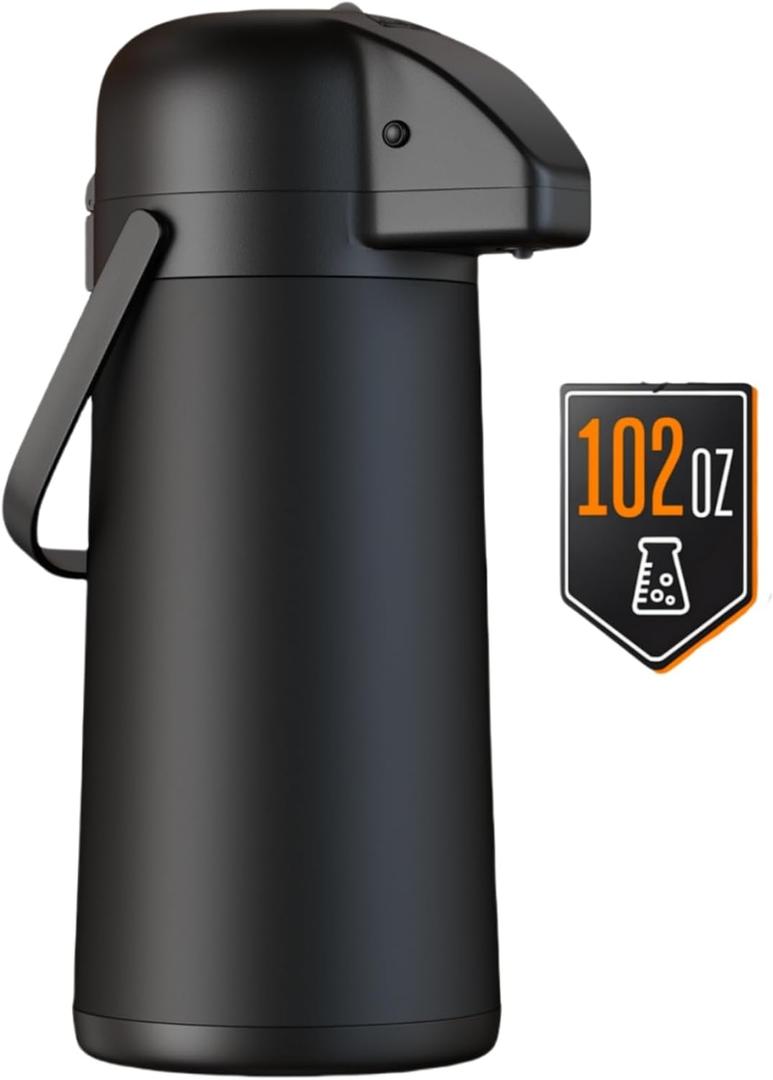 Coffee Carafe for Keeping Hot, 102OZ / 3L Airpot Coffee Dispenser with Pump, Extra Large Thermos for Hot Drinks, Tea & Liquid Stainless Steel Insulated Beverage Urn for Hot Water & Party Use, Black