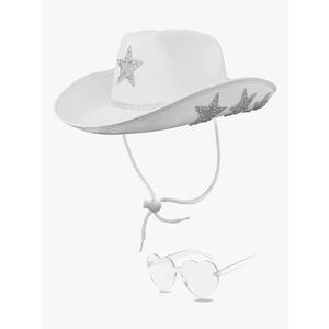 White Cowgirl Hat with Heart Sunglasses - Cowboy Hat with Glitter Star Fits Women for Bachelorette Themed Party