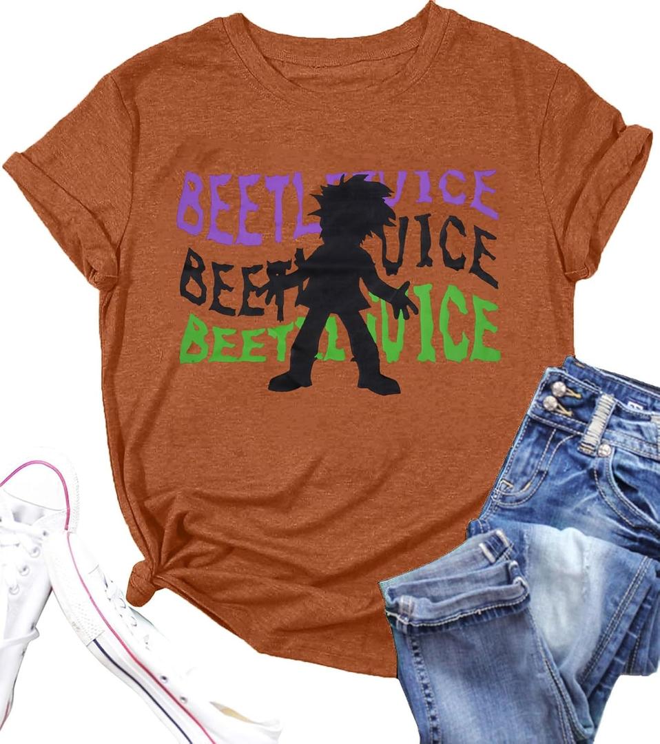 VILOVE Halloween Shirt Women: Halloween Letter Print T-Shirt Horror Tee Cute Halloween Party Tops Fall Graphic T Shirt (Small, Orange)