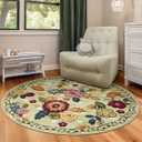 4ft Round Machine Washable Area Rug for Living Room, Green Vintage Boho Floral Rug Large Non-Slip Low Pile Soft Faux Wool Carpet, Kids and Pets Friendly for Bedroom Nursery Farmhouse Home Decor Rug