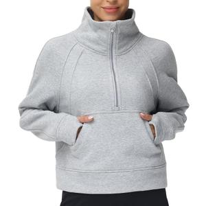 THE GYM PEOPLE Womens' Half Zip Pullover Fleece Stand Collar Crop Sweatshirt with Pockets Thumb Hole, Large , Grey