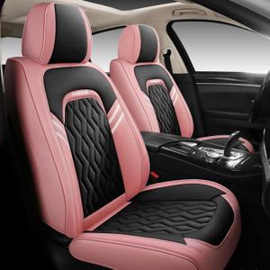 BGYFDU02 Seat Cover 5-Seater Full set, Universal Type, Suitable For Most Cars, Cars, SUV, Trucks, Pickup Ttrucks, Airbags Compatible With Synthetic Leather Car Seat Cushion Protectors (Black and Pink)