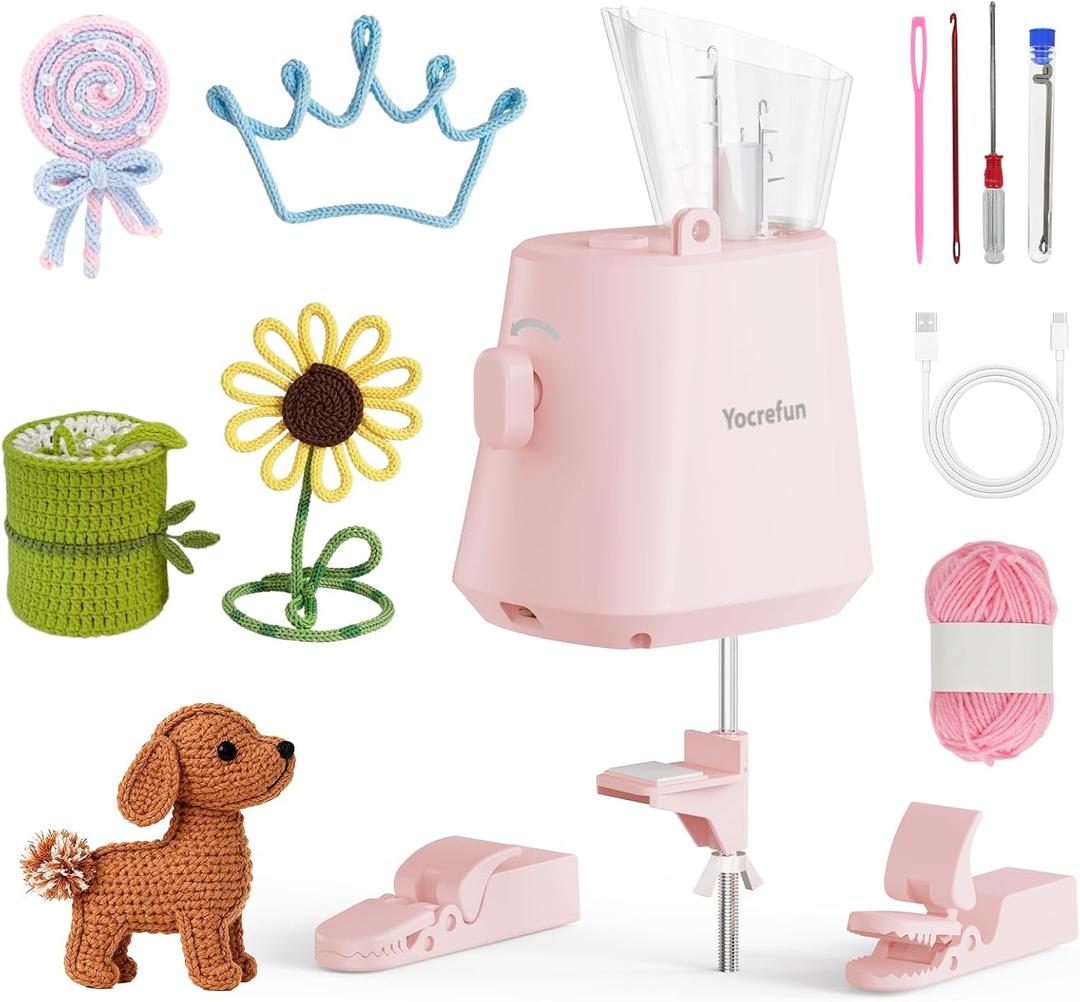 Yocrefun Automatic I-Cord Knitting Machine, Electric iCord Maker Tool, i-Cord Knitter Crochet Machine, Hands-Free Yarn Knitter for Fast DIY Crochet Knitting Projects (Pink)