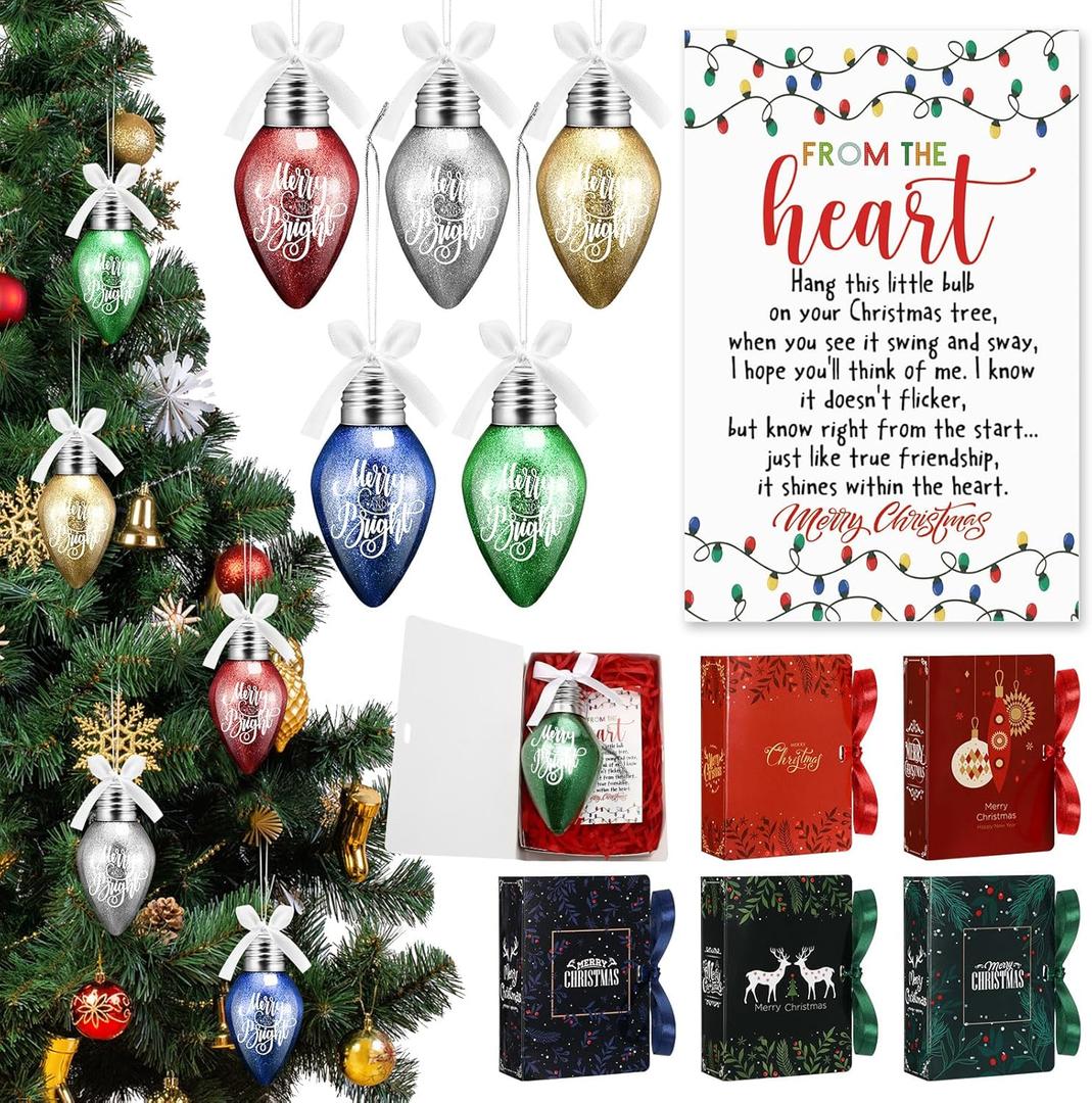 Cholemy 10 Sets Christmas Lightbulb Ornament Decor, Colorful Light Ornaments with Bow Ribbon and Greeting Card in Gift Boxes Appreciation Gifts for Friends Home Yard Christmas Tree Decor