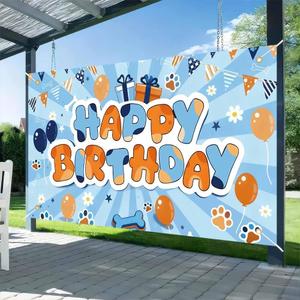 Cartoon Theme Happy Birthday Backdrop Kids Decor Blue Orange Photography Background Banner Baby Shower Photo Props Holiday Party Supplies 5x3ft