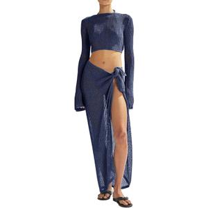 Women's Swimsuits Cover Ups Set for Crochet Bathing Suit Hollow Out 2 Piece Bikini Coverup Beach Swimwear (Medium, Navy-1)