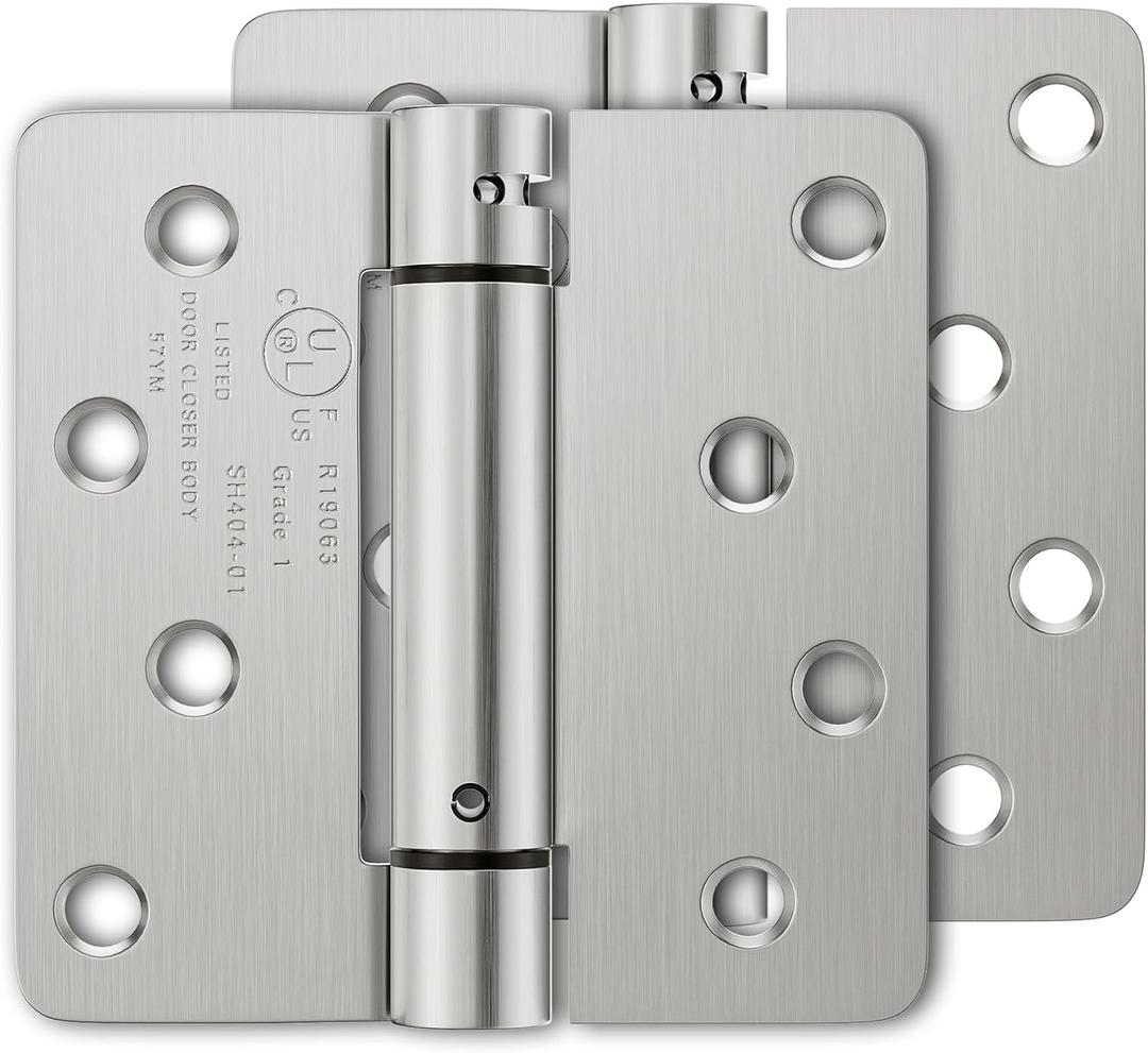 2 Pack Self Closing Door Hinges, 4 Inch Spring Loaded Hinges for Doors, Adjustable Tension for Garage, Front Door, Back Door, for Left and Right Hand Door, 1/4'' Radius Corners, UL Listed