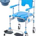 Shower Chair with Wheels Folding Armrests Can Be Upturned Rolling Shower Wheelchair Bedside Commode Chair Toilet with Detachable Bucket for Seniors and Disabled, Weight Capacity 330lbs (Blue)