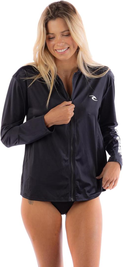 Rip Curl Women's Long Sleeve Zip-up, Hooded Rashguard with UPF 50+ Sun Protection-Quick Dry, Moisture-Wicking Swim Shirt (Large, Black)