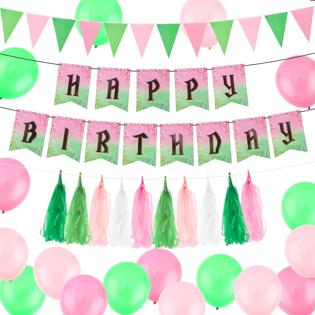 21pcs Pink and Green Birthday Party Decoration Set - Happy Birthday Banner Triangle Flag Paper Tassel and Balloons, Witch Theme Party Accessories Pink and Green Decorations for Women Girls