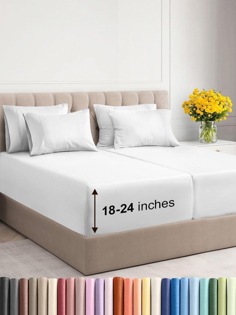 Extra Deep Split King Sheet Set - 7 Piece Breathable & Cooling Sheets - Hotel Luxury Bed Sheets Set - Easy & Secure Fit - Soft, Wrinkle Free & Comfy Sheets Set - White Sheet Set w/Extra Deep Pockets