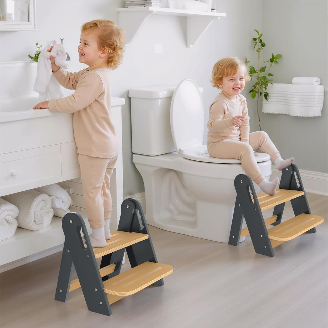 Toddler Step Stool, Wooden Height-Adjustable 2 Step Stool for Kids, 2 in 1 Potty Training Stool with Safety Handles Non-Slip Pads for Bathroom Sink, Kitchen, Bedroom (Grey, Foldable) (Gray)