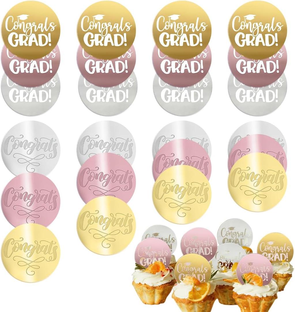 Graduation Cupcake Toppers Set, 24 Pieces, Round Gold, Rose & Silver 2024 Graduation Party Supplies Decoration