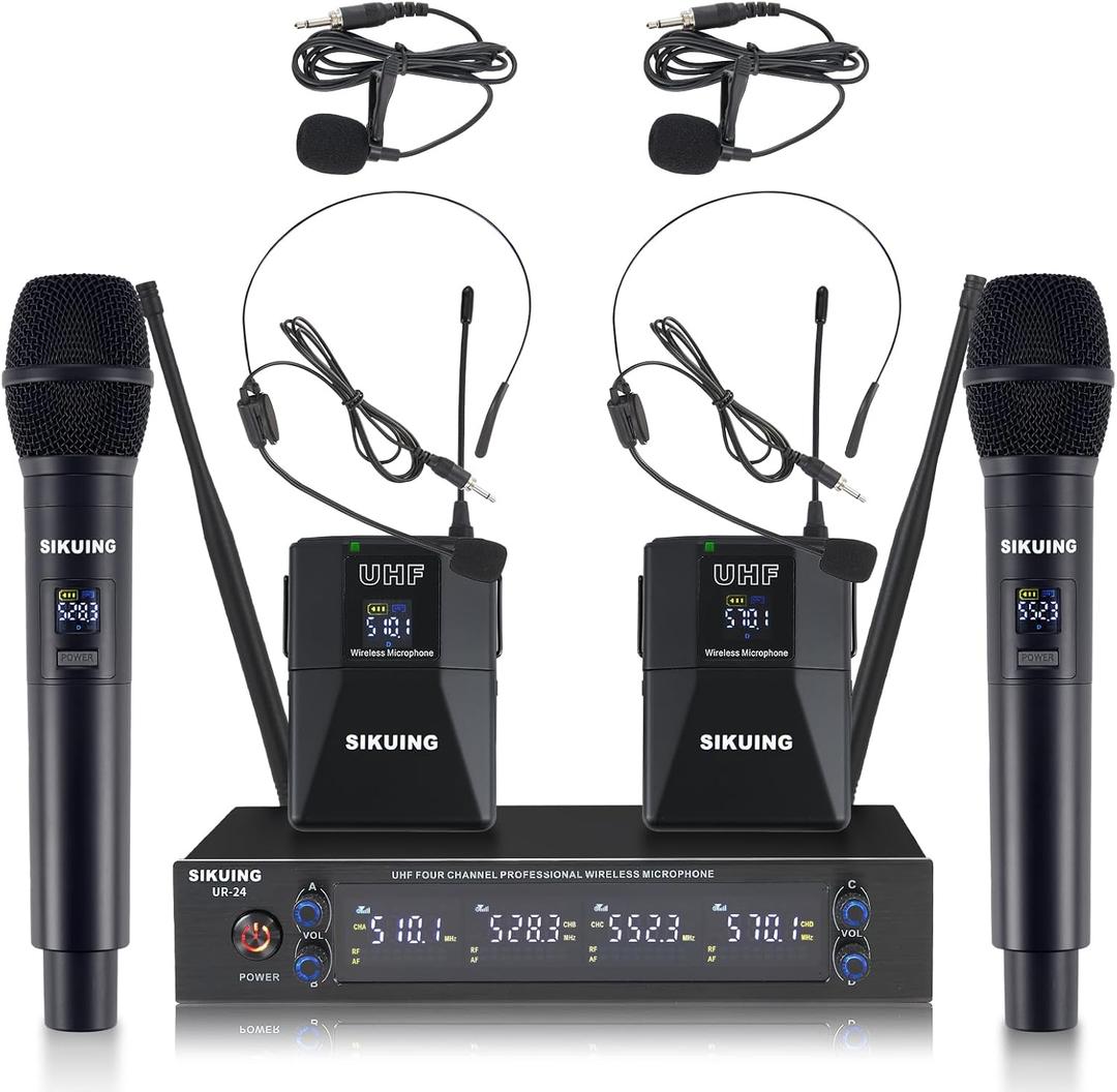 4 Channel UHF Wireless Microphone System with Lavalier Headset Mics, 4x50 Adjustable Frequencies, Ideal for Karaoke Meeting Church, 300ft Range (2 Handheld 2 Bodypack)