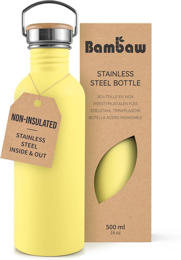 Bambaw 500 ml Stainless Steel Sports Bottle, Yellow Sports Bottle, Non-Insulated Water Bottle, Children's Stainless Steel Bottle, Children's Metal Water Bottle  Imperial Yellow (16 oz)