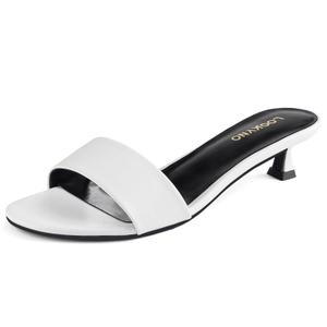 Lookyno Womens Heeled Sandals Open Round Toe Kitten Low Heels for Women Slip on Slide Sandals Mule Heels Fashion Comfort Dress Party Shoes (White)