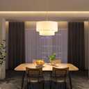 Plug in Pendant Light, 2-Tier Drum Linen Pendant Light with 15ft Hemp Rope Cord, E26 On/Off Switch, 18" Plug in Hanging Chandelier for Dining Room Kitchen, Includes Bulbs