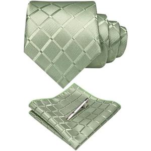 Pack Of 2 JEMYGINS Solid Color Mens Plaid Tie and Pocket Square with Tie Clip Sets