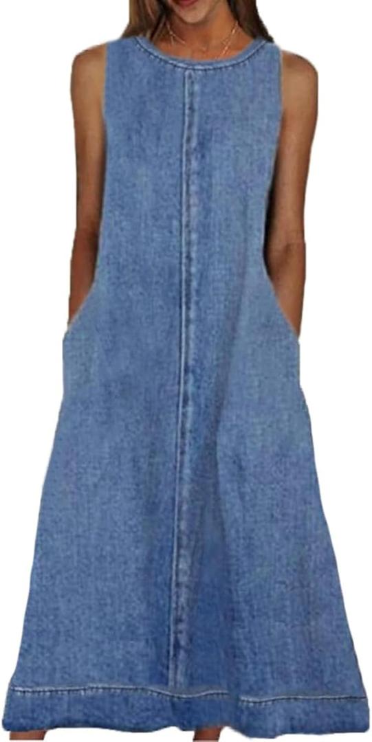 Womens Casual Sleeveless Maxi Denim Dress Crewneck Vintage Loose Long Vest Jean Dress with Pockets, Medium